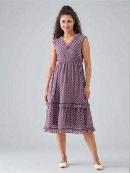 Twenty Dresses by Nykaa Fashion - Womens Greyish Mauve Self Design Crepe Calf Length Dress