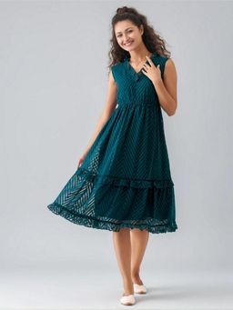 Twenty Dresses by Nykaa Fashion - Womens Teal Blue Self Design Crepe Calf Length Dress