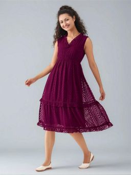 Twenty Dresses by Nykaa Fashion - Womens Wine Self Design Crepe Calf Length Dress