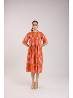 Amrood - Orange Floral Elbow Sleeve Dress