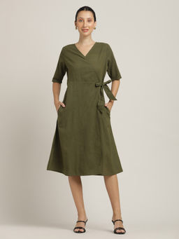 Saltpetre - Women Olive V-Neck Midi Wrap Dress