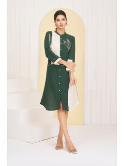 KAFTANIZE - Green & White Cotton Bird Motif Embroidered Rayon Midi Dress