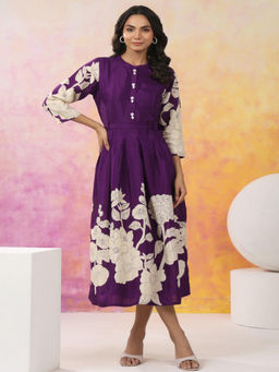 KAFTANIZE - Purple Base Floral Flower Motif Midi Dress with Belt (Set of 2)
