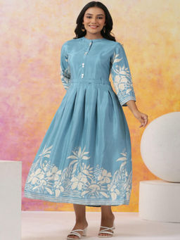 KAFTANIZE - Aqua Blue Printed Flower Motif Midi Dress with Belt (Set of 2)