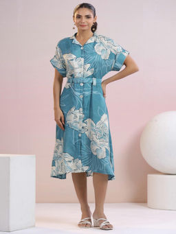 KAFTANIZE - Blue Floral Printed Muslin Midi Dress with Belt (Set of 2)