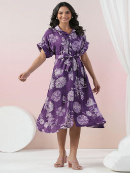KAFTANIZE - Purple Floral Printed Russian Silk Midi Dress with Belt (Set of 2)