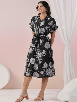 KAFTANIZE - Black Floral Printed Russian Silk Midi Dress with Belt (Set of 2)