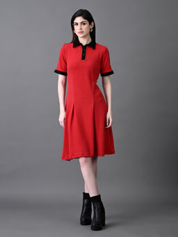 MYSHKA - Red Collared Knee Length Dress
