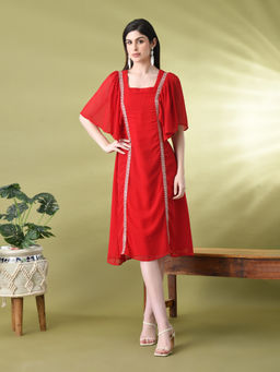 MYSHKA - Red Solid Georgette Midi Dress