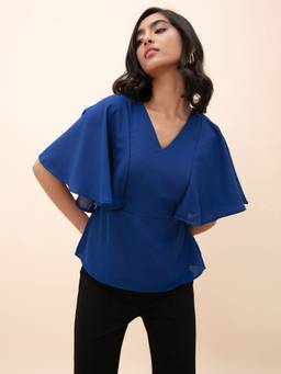 Twenty Dresses by Nykaa Fashion - Blue Solid V Neck Cape Top