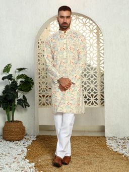 Kraft India - Abstract Printed Beige Mandarin Neck Cotton Kurta with Pyjama (Set of 2)