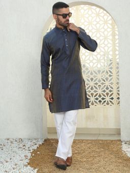 Kraft India - Silk Blend Ethnic Motifs Jacquard Blue Kurta with Pyjama (Set of 2)