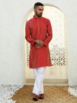 Kraft India - Silk Blend Ethnic Motifs Jacquard Maroon Kurta with Pyjama (Set of 2)