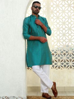 Kraft India - Silk Blend Ethnic Motifs Jacquard Turquoise Kurta with Pyjama (Set of 2)
