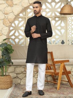 Kraft India - Black Cotton Chikankari Embroidered Straight Kurta with Pyjama (Set of 2)