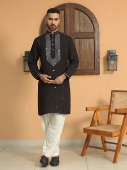KRAFT INDIA LUXE - Cotton Silk Sequined Embroidered Black Kurta with Cream Salwar (Set of 2)
