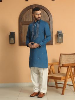 KRAFT INDIA LUXE - Cotton Silk Sequined Embroidered Blue Kurta with Cream Salwar (Set of 2)
