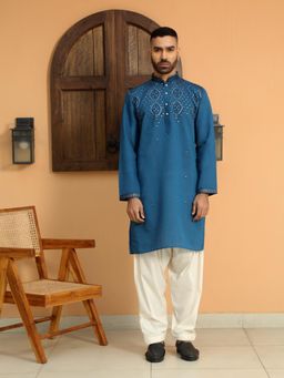 KRAFT INDIA LUXE - Cotton Silk Embroidered Blue Kurta with Cream Patiala Salwar (Set of 2)