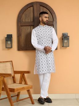 KRAFT INDIA LUXE - Cotton Silk Embroidered White Kurta with Cotton Trouser Pant (Set of 2)