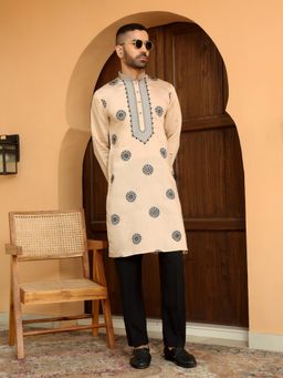 KRAFT INDIA LUXE - Ethnic Motifs Cotton Silk Beige Kurta with Cotton Black Trouser Pant (Set of 2)