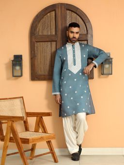 KRAFT INDIA LUXE - Embroidered Yoke Design Cotton Silk Blue Kurta with Patiala Salwar (Set of 2)