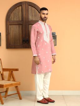 KRAFT INDIA LUXE - Embroidered Yoke Design Cotton Silk Pink Kurta with Patiala Salwar (Set of 2)