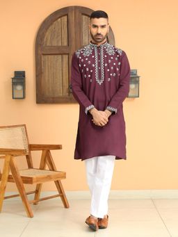 KRAFT INDIA LUXE - Embroidered Sequenced Cotton Silk Wine Kurta with White Trouser Pant (Set of 2)