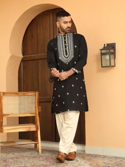 KRAFT INDIA LUXE - Cotton Silk Black Kurta with Beige Elastic Waistband Salwar (Set of 2)