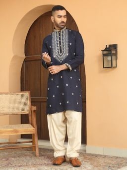 KRAFT INDIA LUXE - Cotton Silk Navy Blue Kurta with Beige Elastic Waistband Salwar (Set of 2)