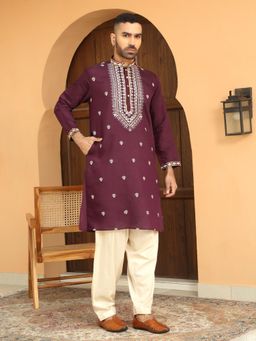 KRAFT INDIA LUXE - Cotton Silk Wine Kurta with Beige Elastic Waistband Salwar (Set of 2)