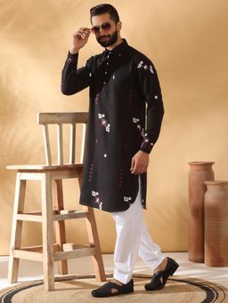 KRAFT INDIA LUXE - Black Embroidered Linen Pathani and Salwar (Set of 2)
