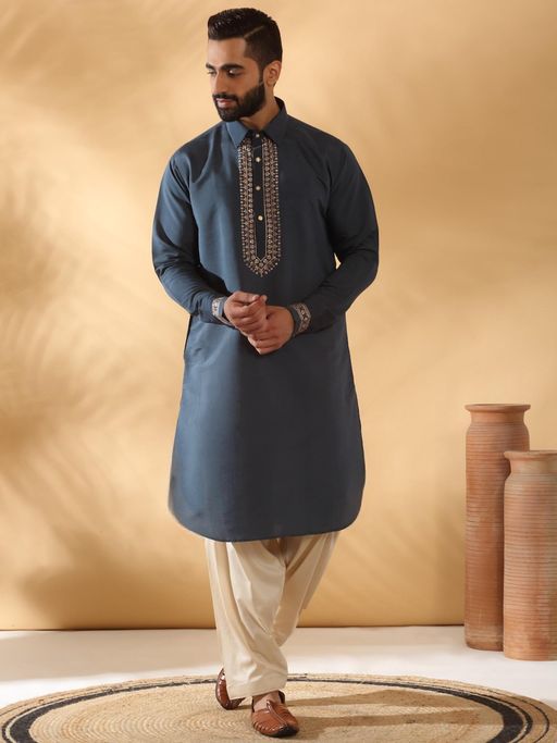 KRAFT INDIA LUXE Cotton Silk Sequined Embroidered Blue Kurta with Beige Patiala Salwar (Set of 2)