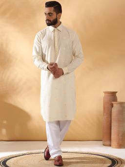 KRAFT INDIA LUXE - Cotton Embroidered Sequenced Cream Pathani Kurta with White Salwar (Set of 2)