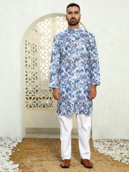 Kraft India - Leaf Printed Blue Mandarin Neck Cotton Summer Kurta with Pyjama (Set of 2)