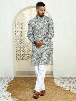 Kraft India - Leaf Printed Green Mandarin Neck Cotton Summer Kurta with Pyjama (Set of 2)