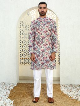 Kraft India - Leaf Printed Purple Mandarin Neck Cotton Summer Kurta with Pyjama (Set of 2)