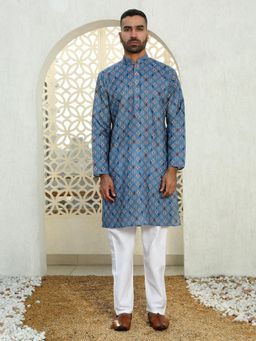 Kraft India - Floral Printed Blue Mandarin Neck Cotton Summer Kurta with Pyjama (Set of 2)