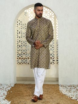 Kraft India - Floral Printed Brown Mandarin Neck Cotton Summer Kurta with Pyjama (Set of 2)