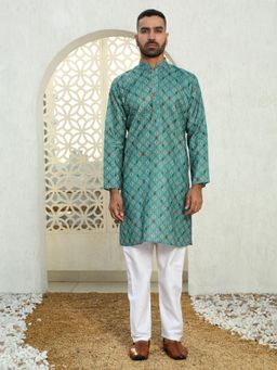 Kraft India - Floral Printed Green Mandarin Neck Cotton Summer Kurta with Pyjama (Set of 2)