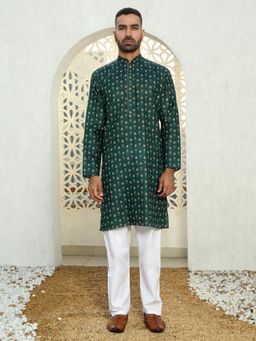 Kraft India - Floral Printed Dark Green Mandarin Neck Cotton Summer Kurta with Pyjama (Set of 2)