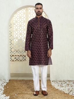 Kraft India - Floral Printed Wine Mandarin Neck Cotton Summer Kurta with Pyjama (Set of 2)