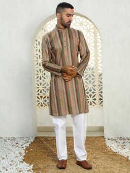 Kraft India - Striped Beige Mandarin Neck Cotton Summer Kurta with Pyjama (Set of 2)