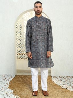 Kraft India - Floral Printed Blue Mandarin Neck Cotton Summer Kurta with Pyjama (Set of 2)