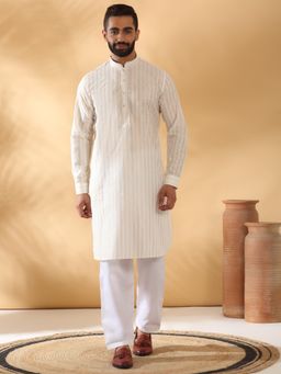 Kraft India - Cotton Embroidered Cream Pathani Kurta and Salwar (Set of 2)