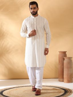 Kraft India - Cotton Embroidered Cream Pathani Kurta and Salwar (Set of 2)