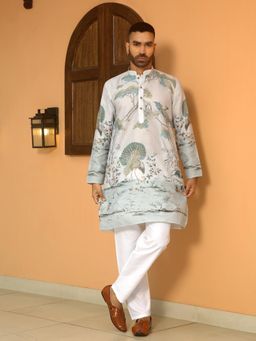 Kraft India - Animal Printed Grey Mandarin Neck Cotton Summer Kurta with Pyjama (Set of 2)