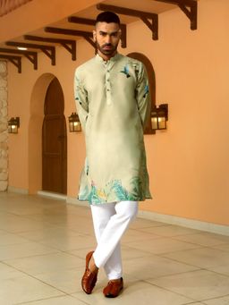 Kraft India - Floral Printed Green Mandarin Neck Cotton Summer Kurta with Pyjama (Set of 2)