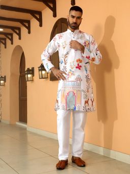 Kraft India - Floral Printed White Mandarin Neck Cotton Summer Kurta with Pyjama (Set of 2)