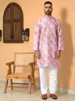 Kraft India - Silk Blend Tie-Dye Printed Mandarin Neck Pink Kurta with Pyjama (Set of 2)