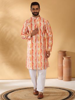 Kraft India - Silk Blend Tie-Dye Printed Mandarin Neck Orange Kurta with Pyjama (Set of 2)